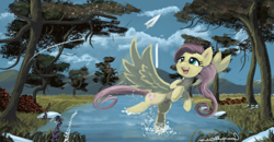 Size: 1024x533 | Tagged: dead source, safe, artist:auroriia, fluttershy, pegasus, pony, paper plane, river, solo