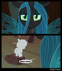 Size: 640x739 | Tagged: safe, edit, edited screencap, editor:teren rogriss, screencap, cozy glow, queen chrysalis, changeling, changeling queen, pegasus, pony, frenemies (episode), cave, cobble glow, cozybuse, female, petrification, statue, wings