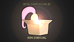 Size: 1920x1080 | Tagged: safe, artist:clockwork65, fluttershy, pegasus, pony, box, captain obvious, flutterbutt, hiding, lens flare, pony in a box, quote, solo, vector, wallpaper