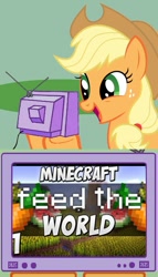 Size: 565x989 | Tagged: safe, applejack, earth pony, pony, exploitable meme, farming, minecraft, sjin, tv meme, yogscast