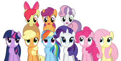 Size: 7069x3581 | Tagged: safe, artist:ramseybrony17, derpibooru import, apple bloom, applejack, fluttershy, pinkie pie, rainbow dash, rarity, scootaloo, sweetie belle, twilight sparkle, twilight sparkle (alicorn), alicorn, earth pony, pegasus, pony, unicorn, absurd resolution, cutie mark crusaders, female, filly, folded wings, high res, mane six, mare, simple background, transparent background, vector