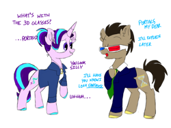 Size: 1066x800 | Tagged: safe, artist:doodletheexpoodle, doctor whooves, starlight glimmer, earth pony, pony, unicorn, 3d glasses, alternate hairstyle, clothes, dialogue, doctor who, duo