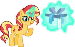 Size: 4829x3032 | Tagged: safe, artist:8-notes, sunset shimmer, pony, unicorn, happy birthday, magic, open mouth, ponyscape, present, raised hoof, simple background, solo, transparent background, vector