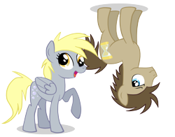 Size: 2000x1567 | Tagged: safe, artist:mirtash, derpy hooves, doctor whooves, earth pony, pegasus, pony, female, folded wings, male, mare, open mouth, raised hoof, rcf community, simple background, smiling, stallion, standing, transparent background, upside down