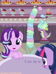 Size: 1024x1354 | Tagged: safe, artist:emmanuelaotu, spike, starlight glimmer, twilight sparkle, dragon, pony, unicorn, abuse, dialogue, dropped ice cream, food, ice cream, magic, spikeabuse, telekinesis