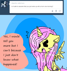 Size: 680x719 | Tagged: safe, artist:litwicks-ghost, fluttershy, alicorn, pony, ask, ask alicorn fluttershy, fluttercorn, race swap, solo, tumblr