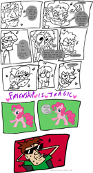 Size: 935x1729 | Tagged: safe, pinkie pie, earth pony, human, pony, comic, female, mare, simple background, vulgar, white background