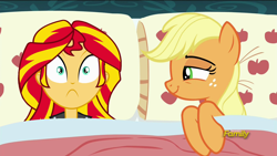 Size: 1920x1080 | Tagged: safe, edit, edited screencap, screencap, applejack, sunset shimmer, pony, 28 pranks later, equestria girls, applejack's bed partner, appleshimmer, bed, exploitable meme, female, homesick shimmer, lesbian, mare, meme, pillow, shipping