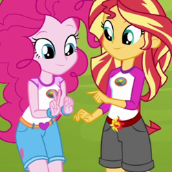 Size: 420x420 | Tagged: safe, screencap, pinkie pie, sunset shimmer, equestria girls, legend of everfree, cropped