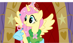 Size: 1024x607 | Tagged: safe, artist:artisticflounder, fluttershy, alicorn, pony, alicornified, clothes, crown, dress, fluttercorn, race swap, solo