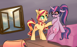 Size: 1280x785 | Tagged: safe, artist:phyllismi, sci-twi, sunset shimmer, twilight sparkle, pony, unicorn, equestria girls, bed, equestria girls ponified, glasses, ponified