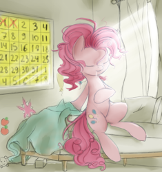 Size: 1600x1700 | Tagged: safe, artist:ashesdarkpony, pinkie pie, earth pony, pony, bed, bed mane, calendar, curtains, cutie mark, morning ponies, solo, traditional art, waking up