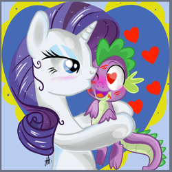 Size: 1024x1024 | Tagged: safe, artist:xwhitedreamsx, rarity, spike, dragon, pony, unicorn, female, kiss mark, kissing, male, shipping, size difference, smaller male, sparity, spikelove, straight