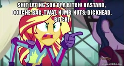 Size: 800x429 | Tagged: safe, edit, edited screencap, screencap, sci-twi, sunset shimmer, twilight sparkle, equestria girls, friendship games, caption, image macro, meme, sunset yells at twilight, vulgar, what about bob?