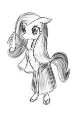 Size: 730x1210 | Tagged: safe, artist:smallboy322, fluttershy, pegasus, pony, bipedal, clothes, costume, kimono (clothing), miko, monochrome, pixiv, solo