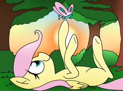 Size: 2212x1642 | Tagged: safe, artist:strangiesleepy, fluttershy, butterfly, pegasus, pony, happy, on back, solo