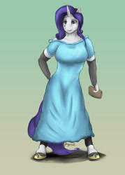 Size: 1600x2240 | Tagged: safe, artist:angerelic, rarity, anthro, unguligrade anthro, breasts, clothes, dress, evening gloves, female, raritits, smiling, solo