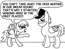 Size: 705x536 | Tagged: safe, artist:samueleallen, crafty crate, derpy hooves, pegasus, pony, female, mare, monochrome, muffin