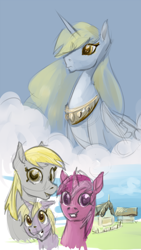 Size: 600x1066 | Tagged: safe, artist:archonix, amethyst star, derpy hooves, dinky hooves, sparkler, alicorn, pony, alicornified, cloud, cloudy, derpicorn, race swap