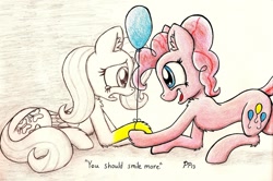 Size: 1400x927 | Tagged: safe, artist:punk-pegasus, fluttershy, pinkie pie, earth pony, pegasus, pony, balloon, female, flutterpie, lesbian, shipping, traditional art