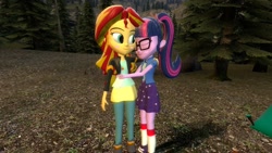 Size: 1360x768 | Tagged: safe, artist:mk513, sci-twi, sunset shimmer, twilight sparkle, equestria girls, legend of everfree, 3d, blushing, female, gmod, hug, lesbian, scitwishimmer, shipping, sunsetsparkle