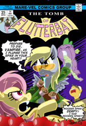 Size: 408x600 | Tagged: safe, artist:henbe, daring do, derpy hooves, fluttershy, spike, bat pony, pony, blade, blade (marvel comics), comic cover, flutterbat, parody, pun, race swap, tomb of dracula