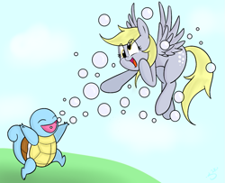 Size: 1171x952 | Tagged: safe, artist:silver1kunai, derpy hooves, pegasus, pony, bubble, crossover, female, flying, mare, pokémon, squirtle