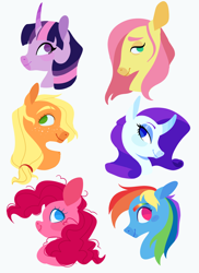 Size: 2700x3700 | Tagged: safe, artist:thebirbdraws, derpibooru import, applejack, fluttershy, pinkie pie, rainbow dash, rarity, twilight sparkle, earth pony, pegasus, pony, unicorn, blush sticker, blushing, bust, curved horn, female, floppy ears, lidded eyes, mane six, mare, missing accessory, no catchlights, no pupils, profile, simple background, smiling, white background