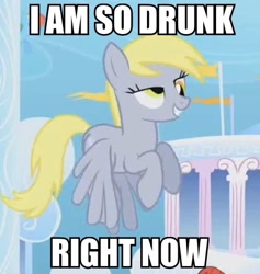 Size: 403x426 | Tagged: safe, edit, edited screencap, screencap, derpy hooves, pegasus, pony, sonic rainboom (episode), caption, drunk, female, grin, image macro, mare, smiling, solo