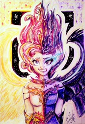 Size: 779x1128 | Tagged: safe, artist:juliafluffy, midnight sparkle, sci-twi, sunset shimmer, twilight sparkle, equestria girls, clothes, daydream shimmer, split screen, traditional art