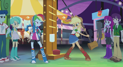 Size: 1015x557 | Tagged: safe, derpibooru import, screencap, applejack, crimson napalm, golden hazel, indigo wreath, mystery mint, rainbow dash, tennis match, equestria girls, perfect day for fun, rainbow rocks, background human, female, male