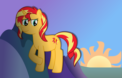 Size: 4406x2816 | Tagged: safe, artist:sketchmcreations, sunset shimmer, pony, unicorn, female, inkscape, looking at you, looking back, mare, newbie artist training grounds, raised hoof, smiling, solo, sun, sunset, sunshine shimmer, vector