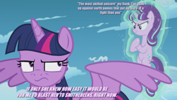 Size: 1280x720 | Tagged: safe, edit, edited screencap, screencap, starlight glimmer, twilight sparkle, twilight sparkle (alicorn), alicorn, pony, the cutie re-mark, annoyed, image macro, meme, unamused