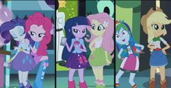 Size: 1366x706 | Tagged: safe, derpibooru import, screencap, applejack, fluttershy, pinkie pie, rainbow dash, rarity, twilight sparkle, equestria girls, perfect day for fun, rainbow rocks, boots, bracelet, clothes, context is for the weak, high heel boots, jewelry, mane six, skirt