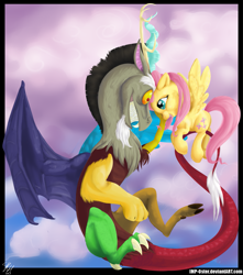 Size: 1327x1500 | Tagged: safe, artist:imp-oster, discord, fluttershy, pegasus, pony, discoshy, female, male, shipping, straight