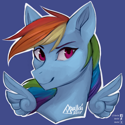 Size: 1500x1500 | Tagged: safe, artist:varllai, derpibooru import, rainbow dash, pegasus, pony, blue background, bust, female, floating wings, mare, portrait, signature, simple background, smiling, solo