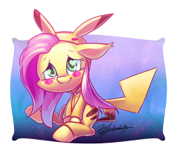 Size: 2496x2152 | Tagged: safe, artist:jggjqm522, fluttershy, pikachu, blushing, clothes, cosplay, costume, nintendo, pajamas, pokémon, solo, zipper