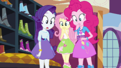 Size: 610x343 | Tagged: safe, screencap, fluttershy, pinkie pie, rarity, spike, dog, equestria girls, equestria girls (movie), animated, balloon, boots, bracelet, carousel boutique, fluttergasm, gif, high heel boots, jewelry, spike the dog