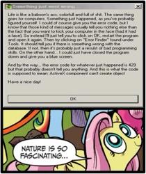 Size: 397x473 | Tagged: safe, fluttershy, pegasus, pony, blue coat, blue eyes, dialogue, error, exploitable meme, female, looking up, mare, meme, multicolored tail, nature is so fascinating, pink coat, pink mane, smiling, speech bubble, wings, yellow coat