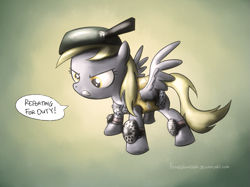 Size: 837x625 | Tagged: safe, artist:fongsaunder, derpy hooves, pegasus, pony, armor, female, frying pan, mare, solo