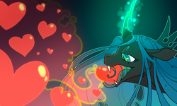 Size: 2000x1200 | Tagged: safe, artist:chrysyum, queen chrysalis, changeling, changeling queen, changeling feeding, fangs, female, heart, love, quadrupedal, solo, tongue out