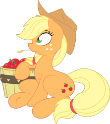 Size: 4442x5000 | Tagged: safe, artist:joey darkmeat, artist:subject-241, applejack, earth pony, pony, absurd resolution, apple, simple background, sitting, solo, straw