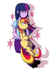 Size: 1449x1902 | Tagged: safe, artist:toasterwitch, sunset shimmer, twilight sparkle, twilight sparkle (alicorn), alicorn, pony, equestria girls, blushing, cute, holding a pony, missing cutie mark, shimmerbetes, twiabetes, unamused