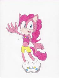 Size: 2488x3300 | Tagged: safe, artist:bluespeedsfan92, pinkie pie, anthro, plantigrade anthro, solo, sonic the hedgehog (series), sonicified, style emulation, traditional art