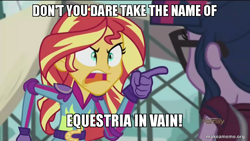 Size: 800x450 | Tagged: safe, edit, edited screencap, screencap, sci-twi, sunset shimmer, twilight sparkle, equestria girls, friendship games, caption, image macro, meme, spongebob squarepants, sunset yells at twilight, texas (spongebob episode)