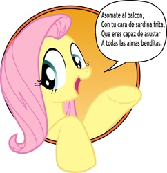 Size: 1024x1056 | Tagged: safe, fluttershy, pegasus, pony, /mlp/, bad advice fluttershy, blue eyes, dialogue, exploitable meme, female, mare, open mouth, pink mane, raised hoof, raised leg, reaction image, simple background, smiling, solo, spanish, speech bubble, talking to viewer, underhoof, vulgar, white background, ya es hora, yellow coat