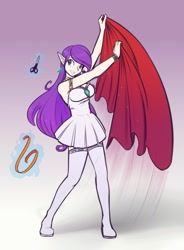 Size: 755x1024 | Tagged: safe, artist:scorpdk, rarity, human, alternate hairstyle, armlet, bracelet, choker, clothes, elf ears, fabric, garters, gradient background, grin, humanized, jewelry, levitation, light skin, magic, measuring tape, scissors, short dress, smiling, solo, stockings, telekinesis, working