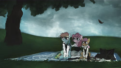 Size: 6400x3600 | Tagged: safe, artist:theravencriss, derpibooru import, pinkie pie, rainbow dash, scootaloo, earth pony, pegasus, pony, absurd resolution, clothes, crossover, female, grass, mare, movie reference, multicolored hair, sweeney todd, tree