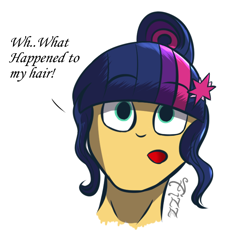 Size: 696x682 | Tagged: safe, artist:fizzwings, sci-twi, sunset shimmer, twilight sparkle, human, equestria girls, accessory swap, alternate hairstyle, bust, female, hair swap, hairstyle swap, portrait, simple background, solo, white background