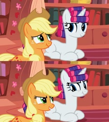 Size: 1136x1279 | Tagged: safe, screencap, applejack, rarity, earth pony, pony, unicorn, look before you sleep, angry, annoyed, duo, eye contact, female, frown, glare, golden oaks library, grin, hair curlers, lidded eyes, looking at each other, mare, nose wrinkle, ponyloaf, prone, scrunchy face, smiling, smirk